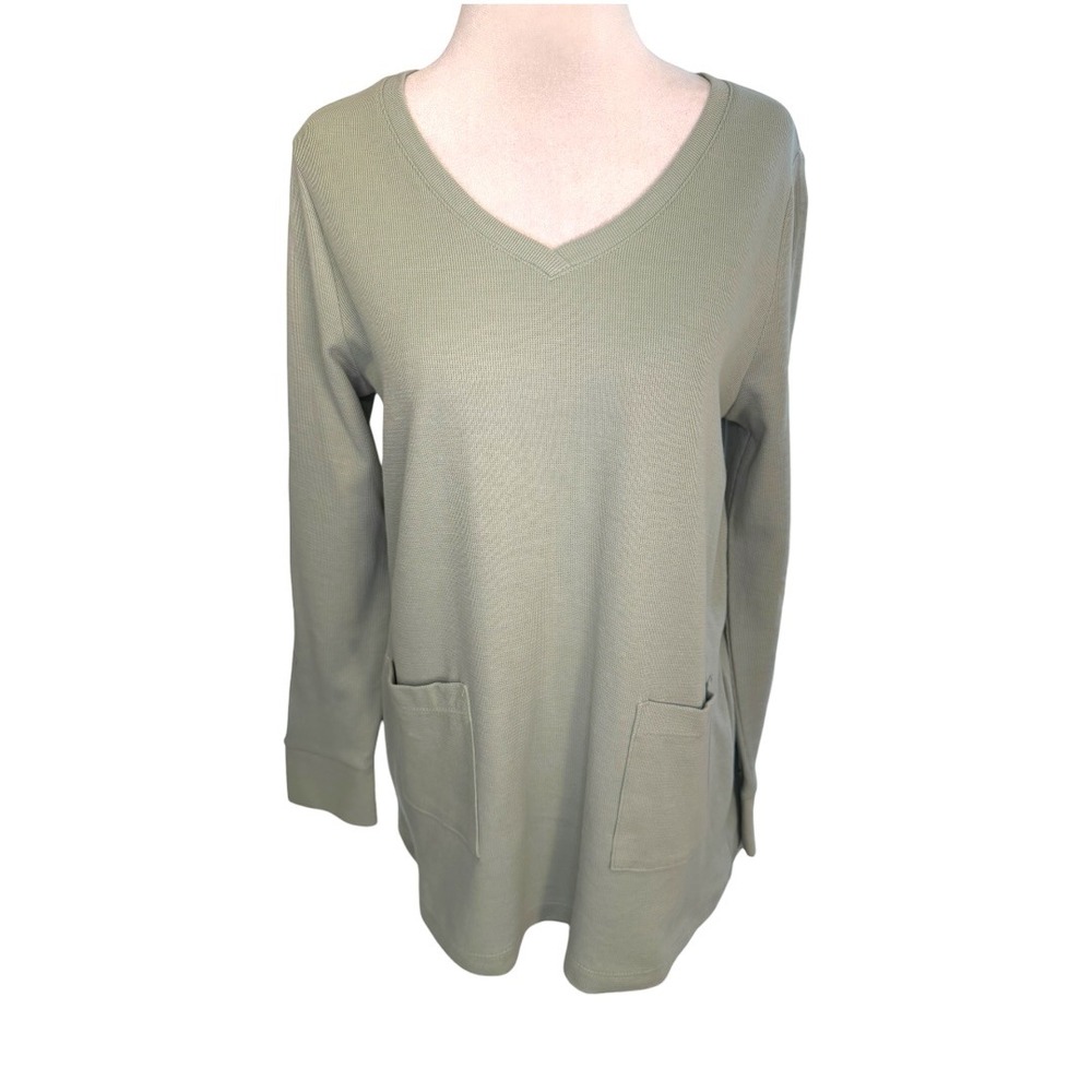 J. Jill Women's Sage Green V-Neck Tunic Top Long Sleeve Pockets Small Petite